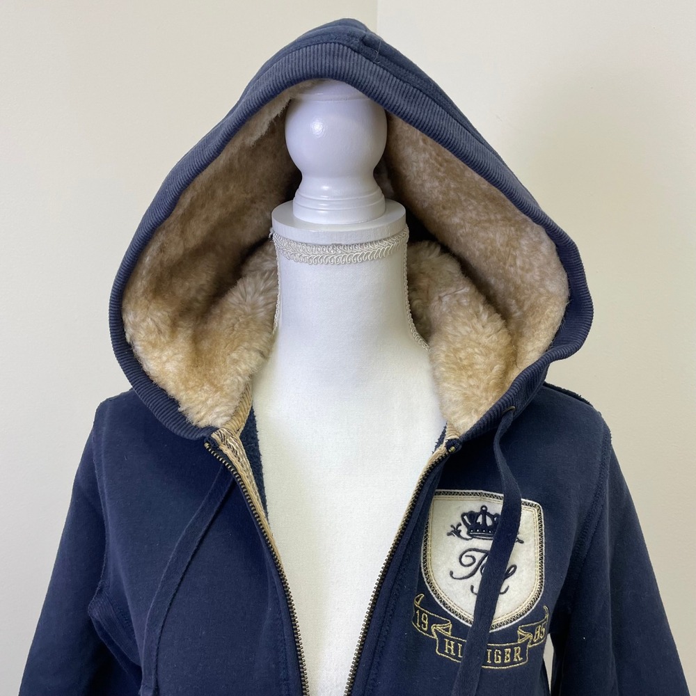 Y2K Tommy Hilfiger Navy Faux Fur Lined Quarter Zip Hoodie Crest Logo Small - Picture 4 of 16